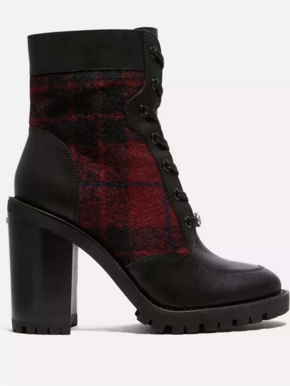 COACH Hedy Booties. Women's Black Leather & Red Plaid Lace-Up Block Heel Boots